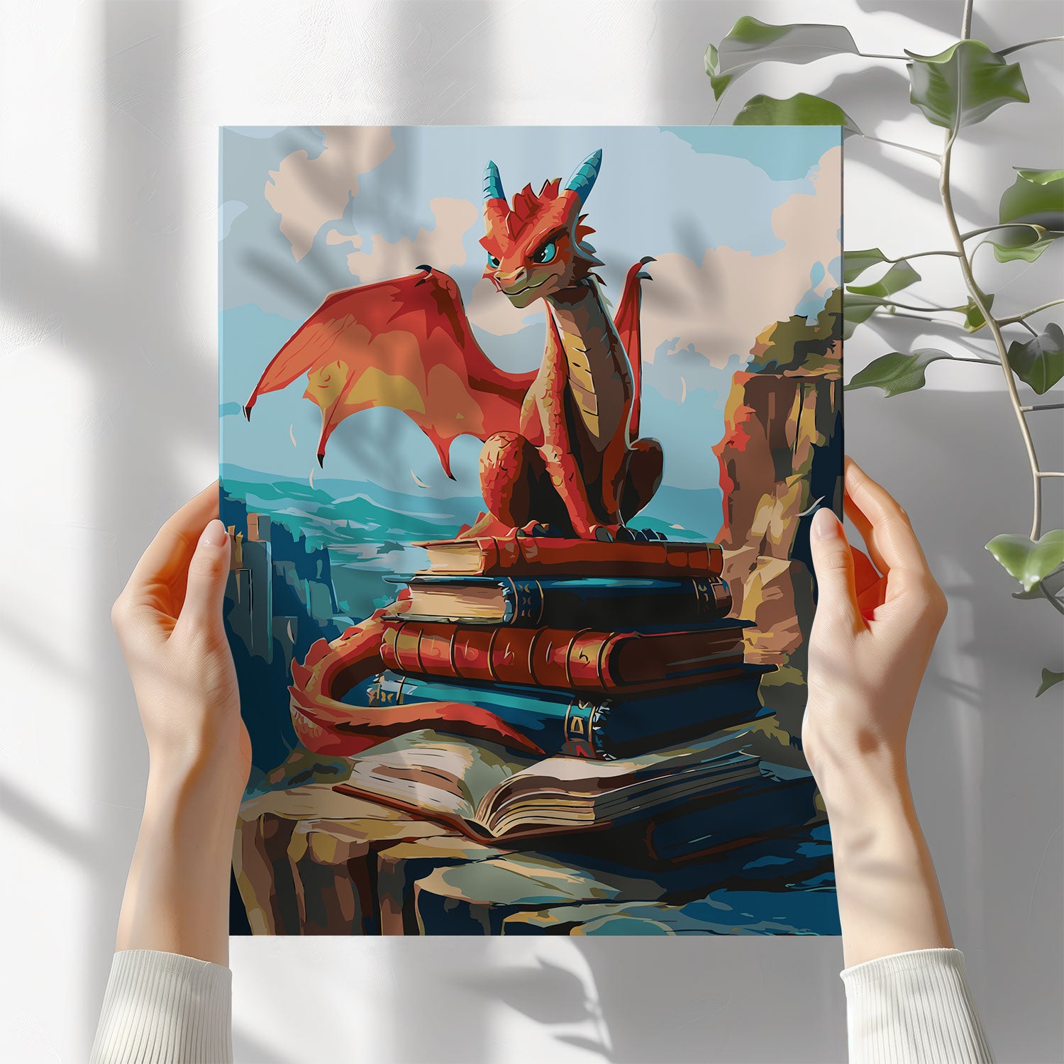 Obraz Po Numerach „Smok i książki” – Malowanie po numerach, zestaw artystyczny dla miłośników fantasy