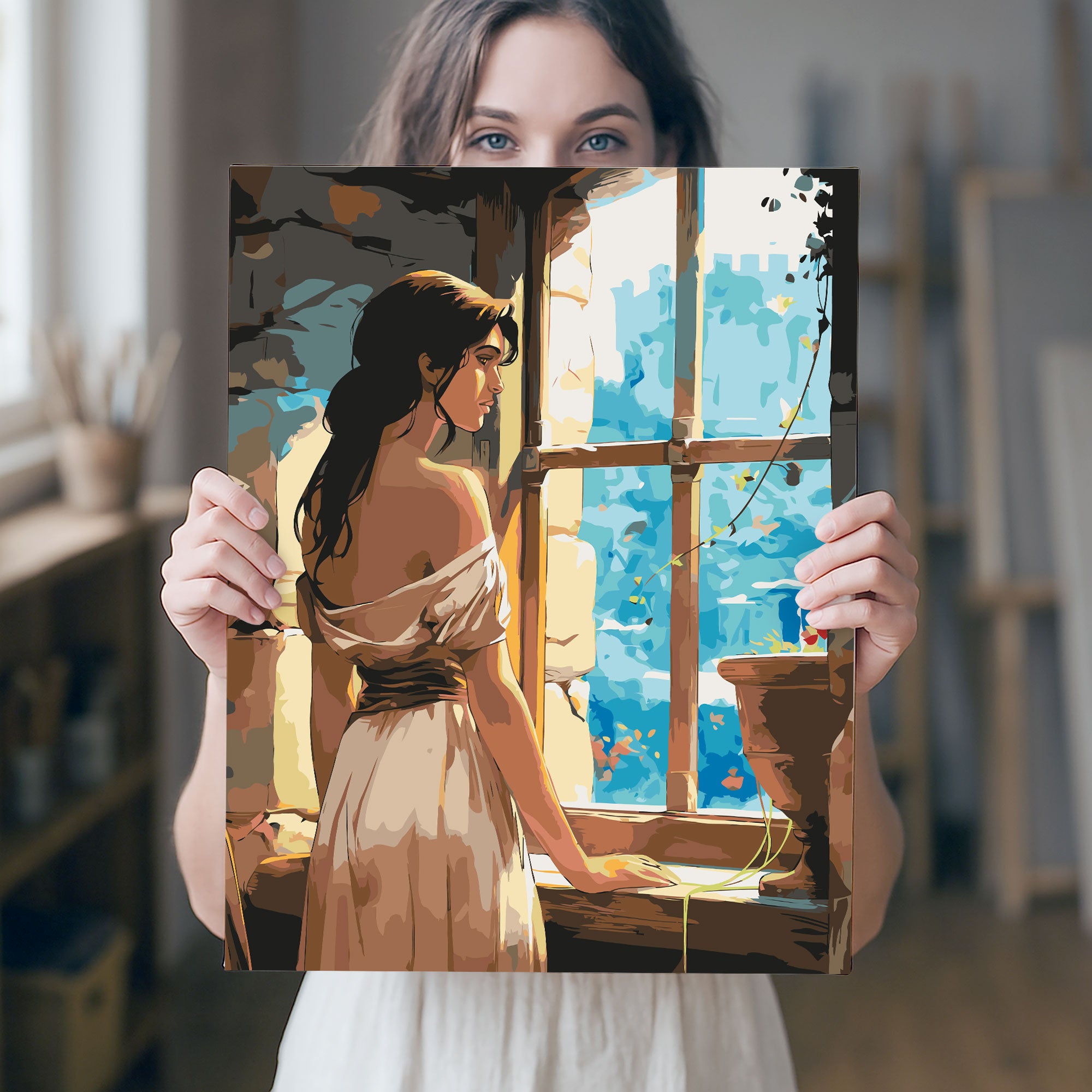 Obraz Po Numerach „Zámecké sny – dívka v okně“ – kouzelná pohádková scéna