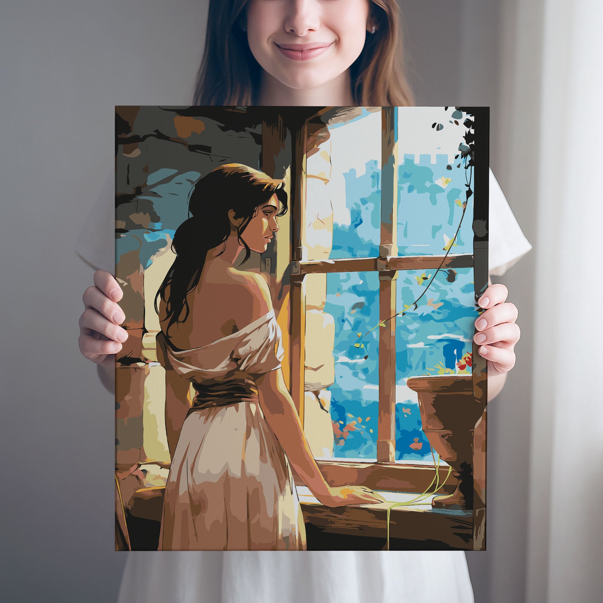 Obraz Po Numerach „Zámecké sny – dívka v okně“ – kouzelná pohádková scéna