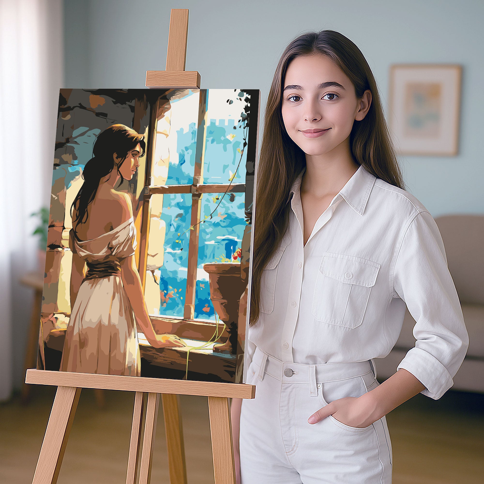 Obraz Po Numerach „Zámecké sny – dívka v okně“ – kouzelná pohádková scéna