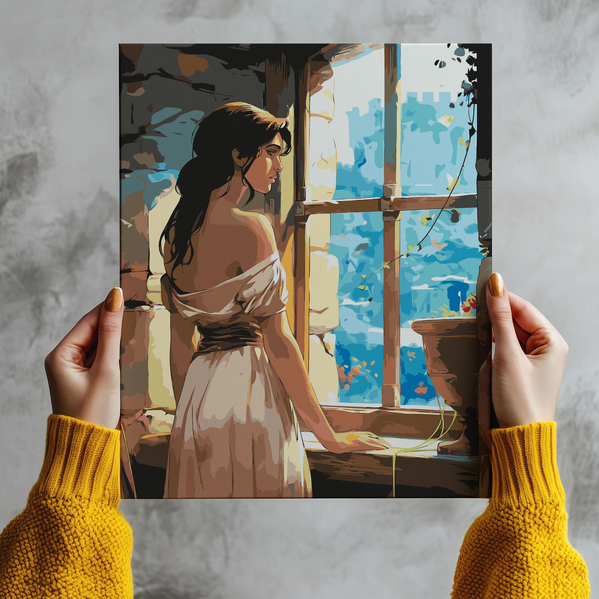 Obraz Po Numerach „Zámecké sny – dívka v okně“ – kouzelná pohádková scéna