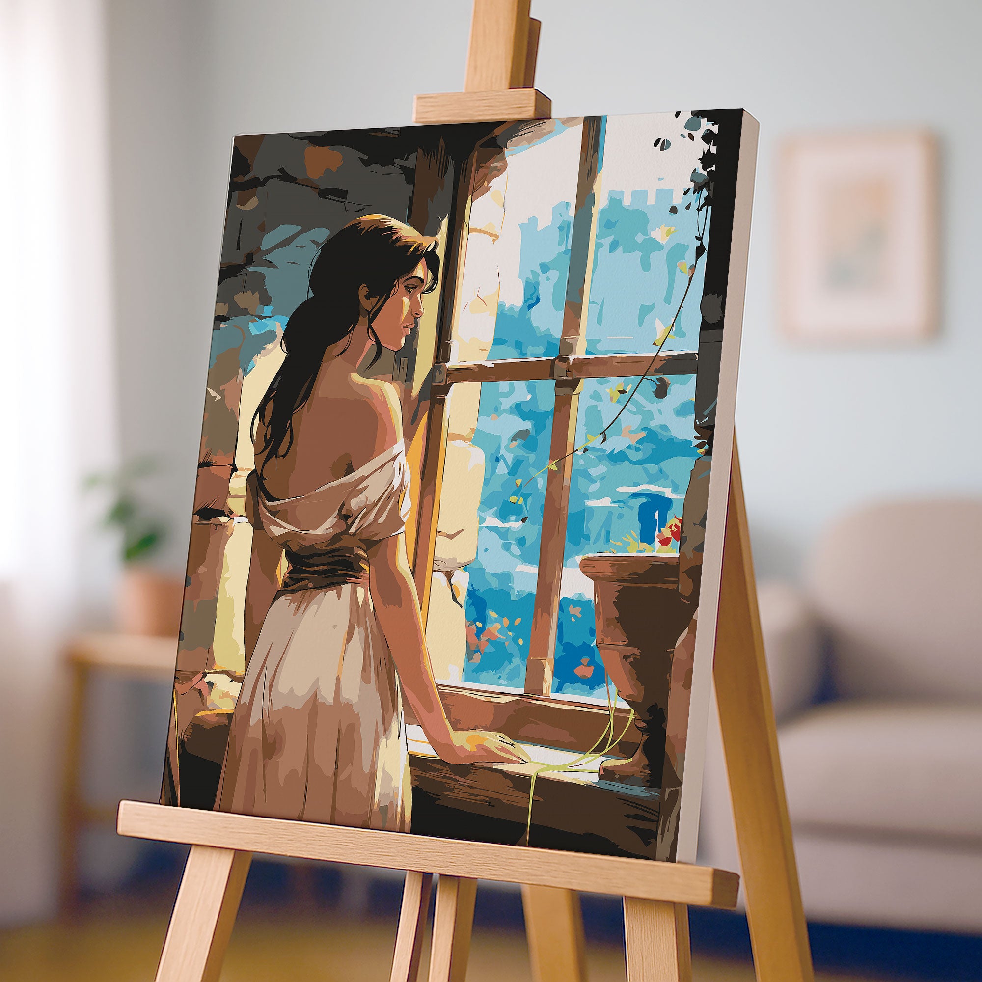 Obraz Po Numerach „Zámecké sny – dívka v okně“ – kouzelná pohádková scéna