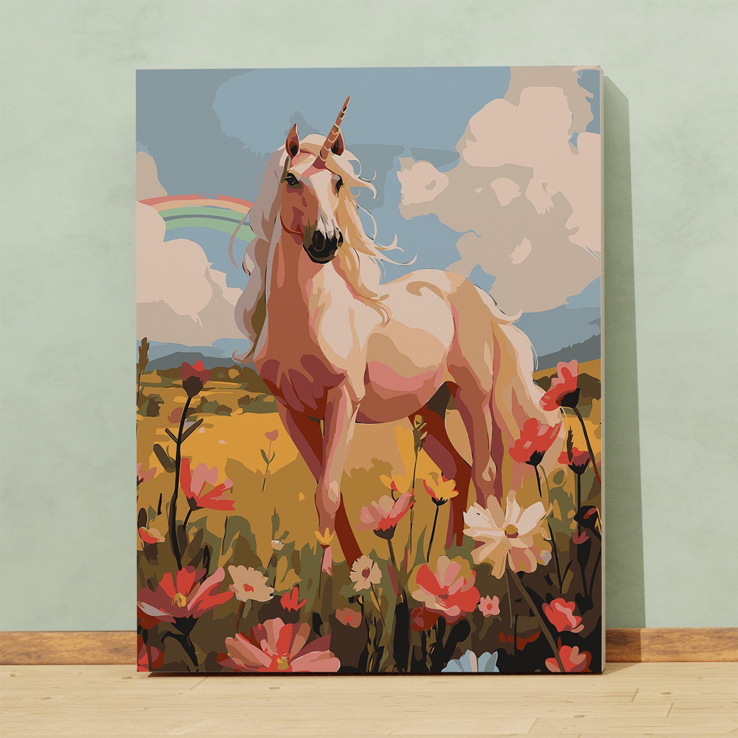 Obraz Po Numerach „Jednorożec na Łące” – Tęczowy Jednorożec, Kwiaty