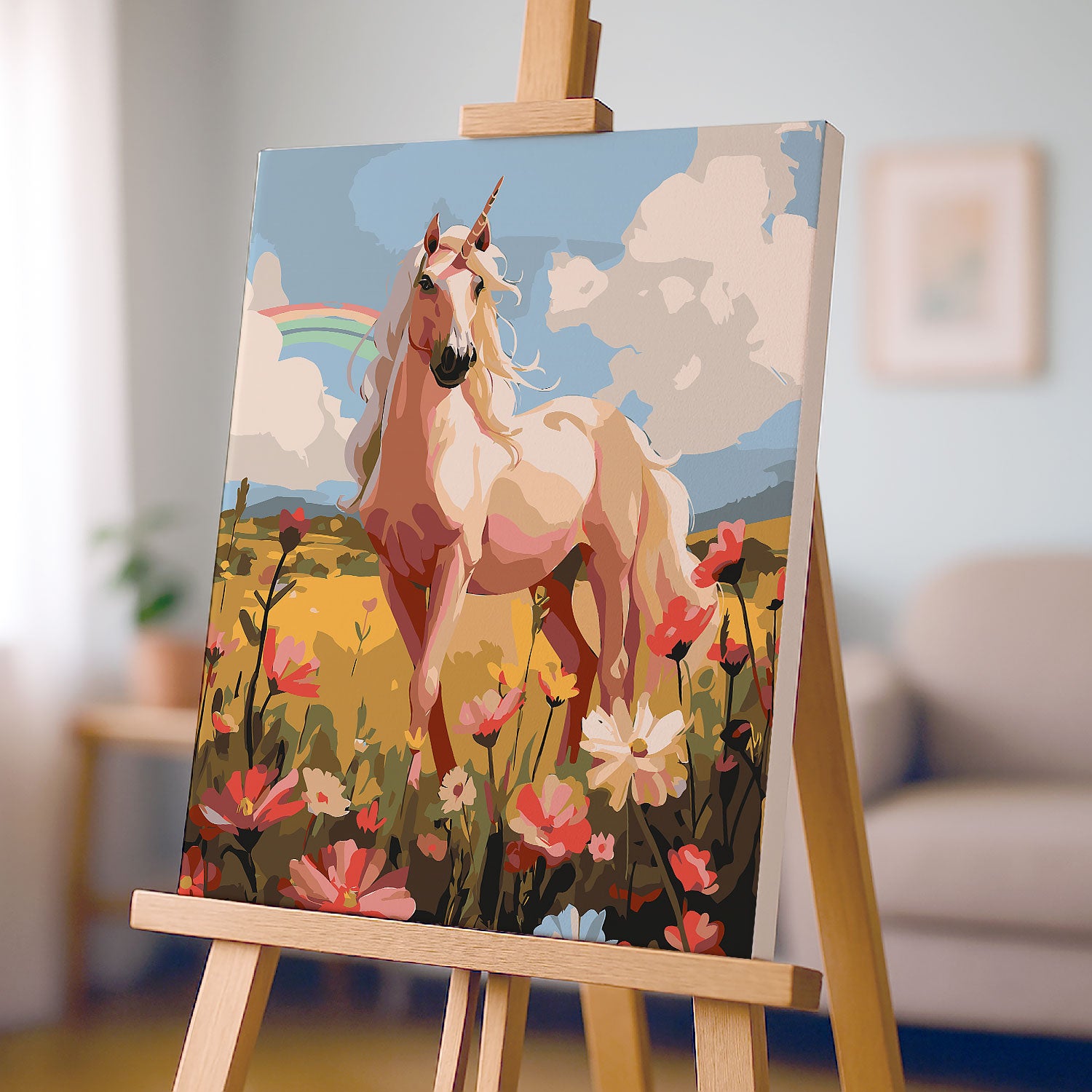 Obraz Po Numerach „Jednorożec na Łące” – Tęczowy Jednorożec, Kwiaty