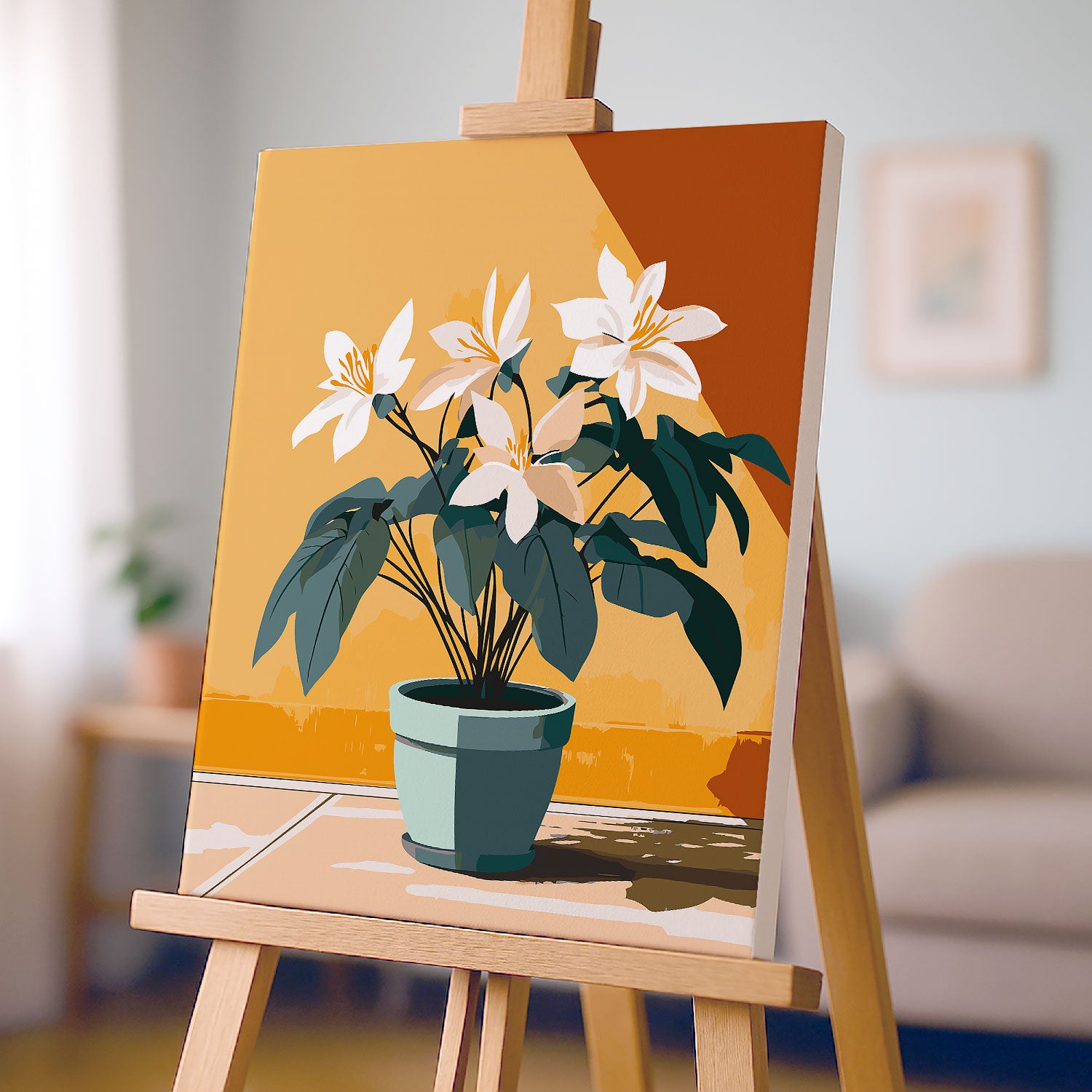 Obraz Po Numerach „Bílé květiny v květináči“ – pokojové rostliny, minimalistický styl