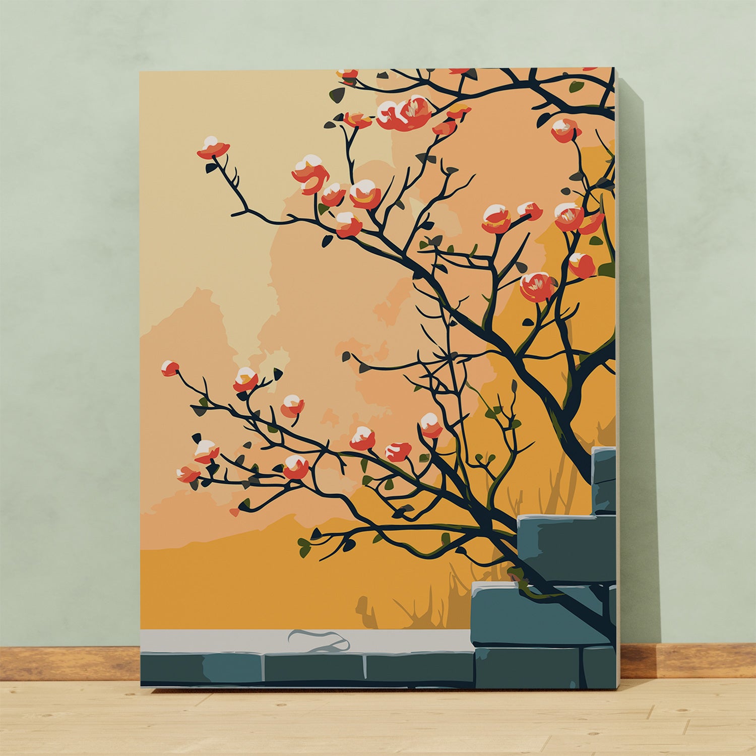 Obraz Po Numerach „Kwitnąca Gałąź przy Murze” – Orientalny Motyw, Minimalizm