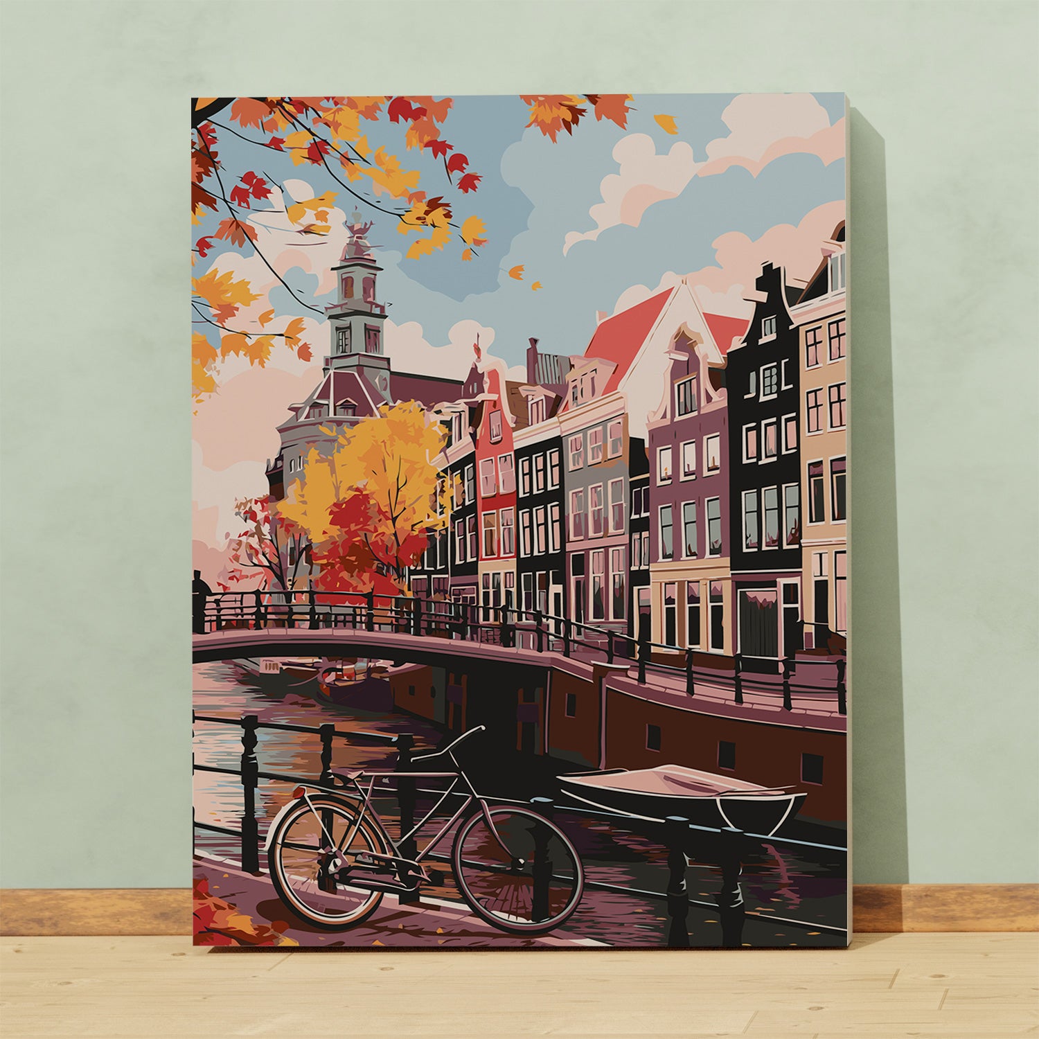 Obraz Po Numerach „Jesienny Amsterdam – Kanał, Rower i Kamienice” – Malowniczy Pejzaż