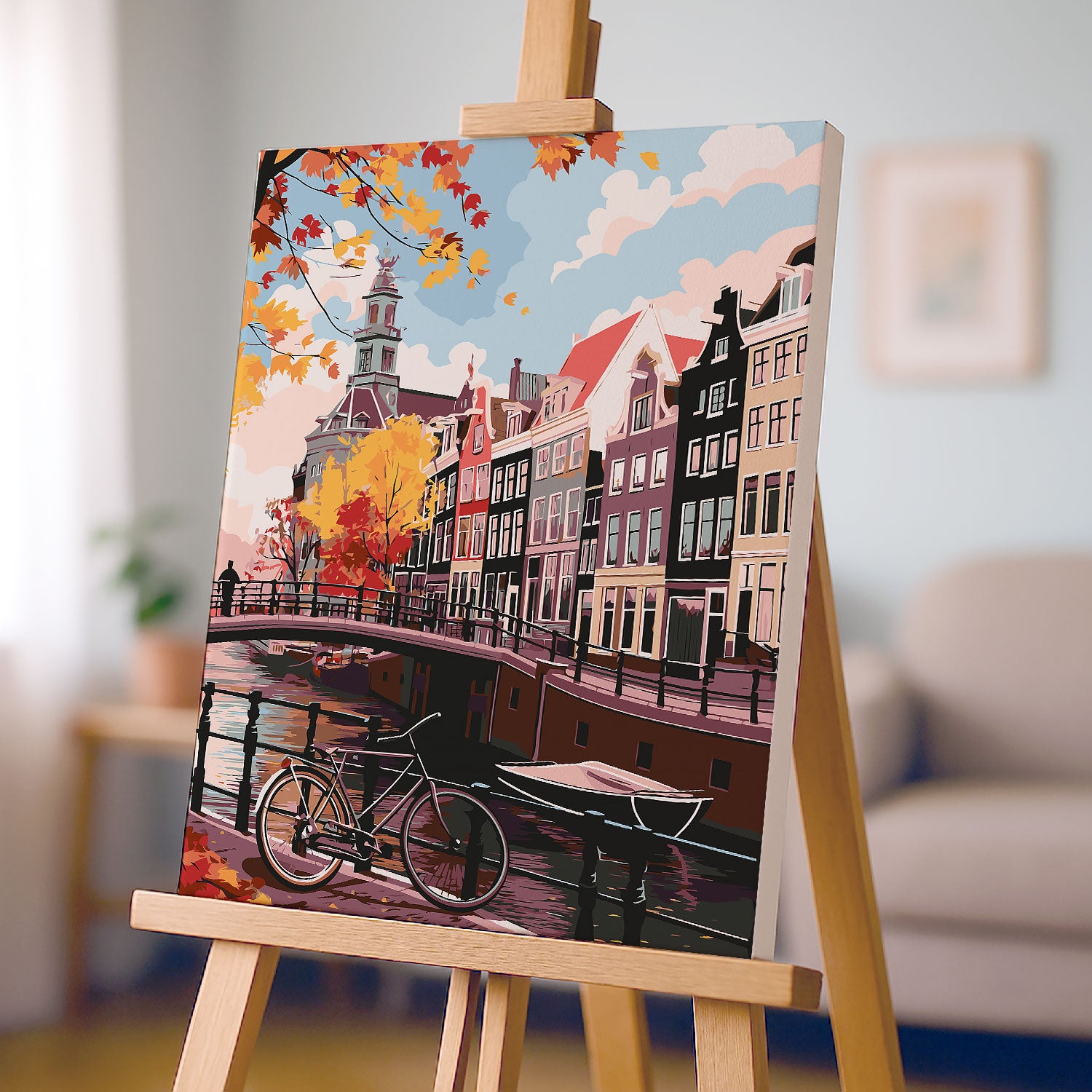 Obraz Po Numerach „Jesienny Amsterdam – Kanał, Rower i Kamienice” – Malowniczy Pejzaż