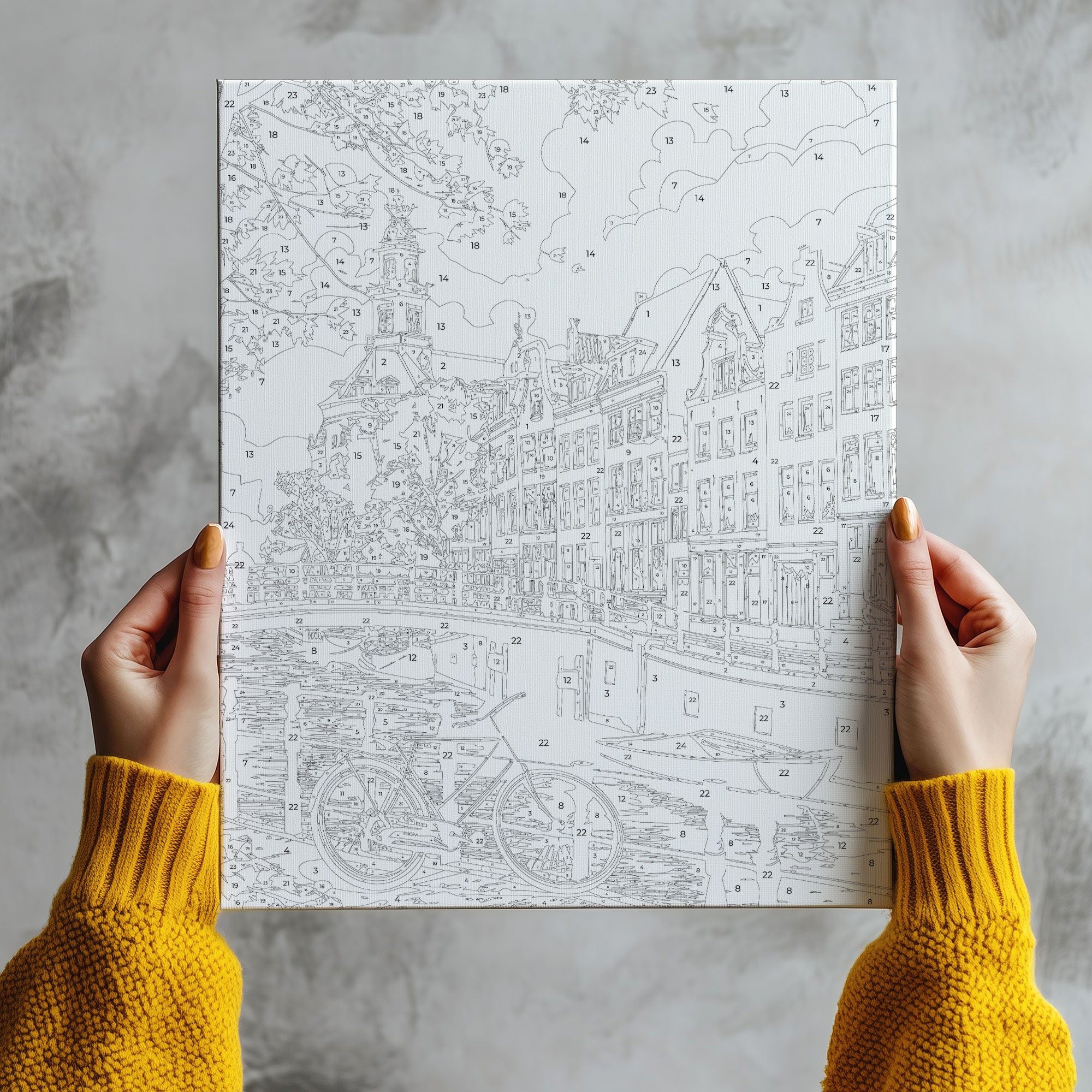 Obraz Po Numerach „Jesienny Amsterdam – Kanał, Rower i Kamienice” – Malowniczy Pejzaż