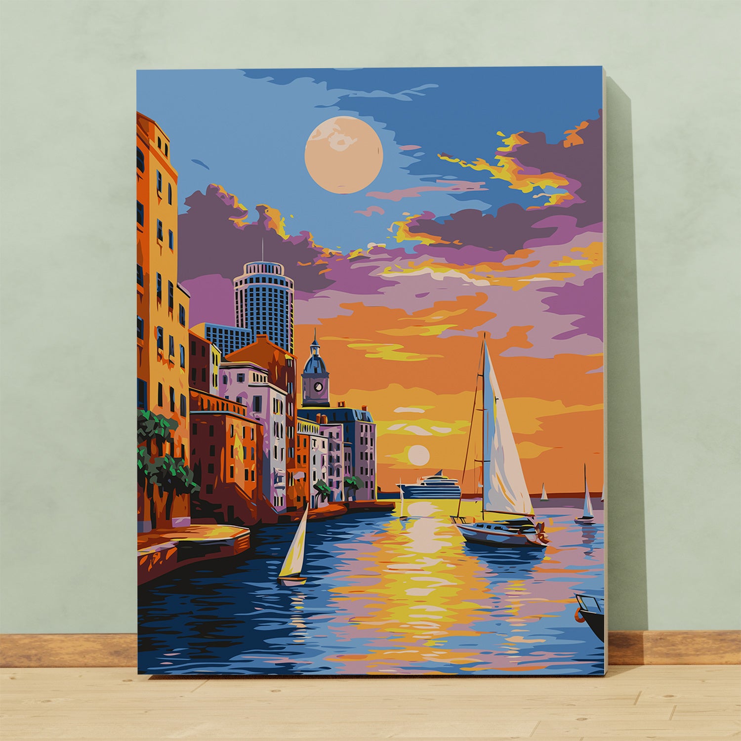 Obraz Po Numerach „Romantický západ slunce nad mořem – jachty a město”