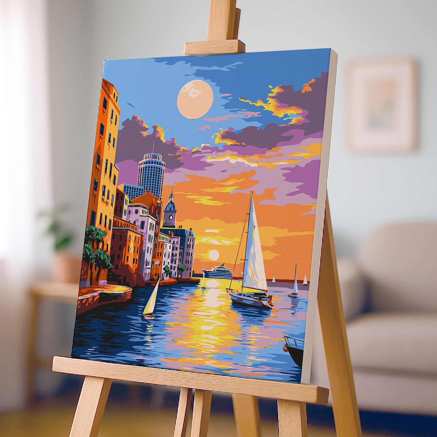 Obraz Po Numerach „Romantický západ slunce nad mořem – jachty a město”