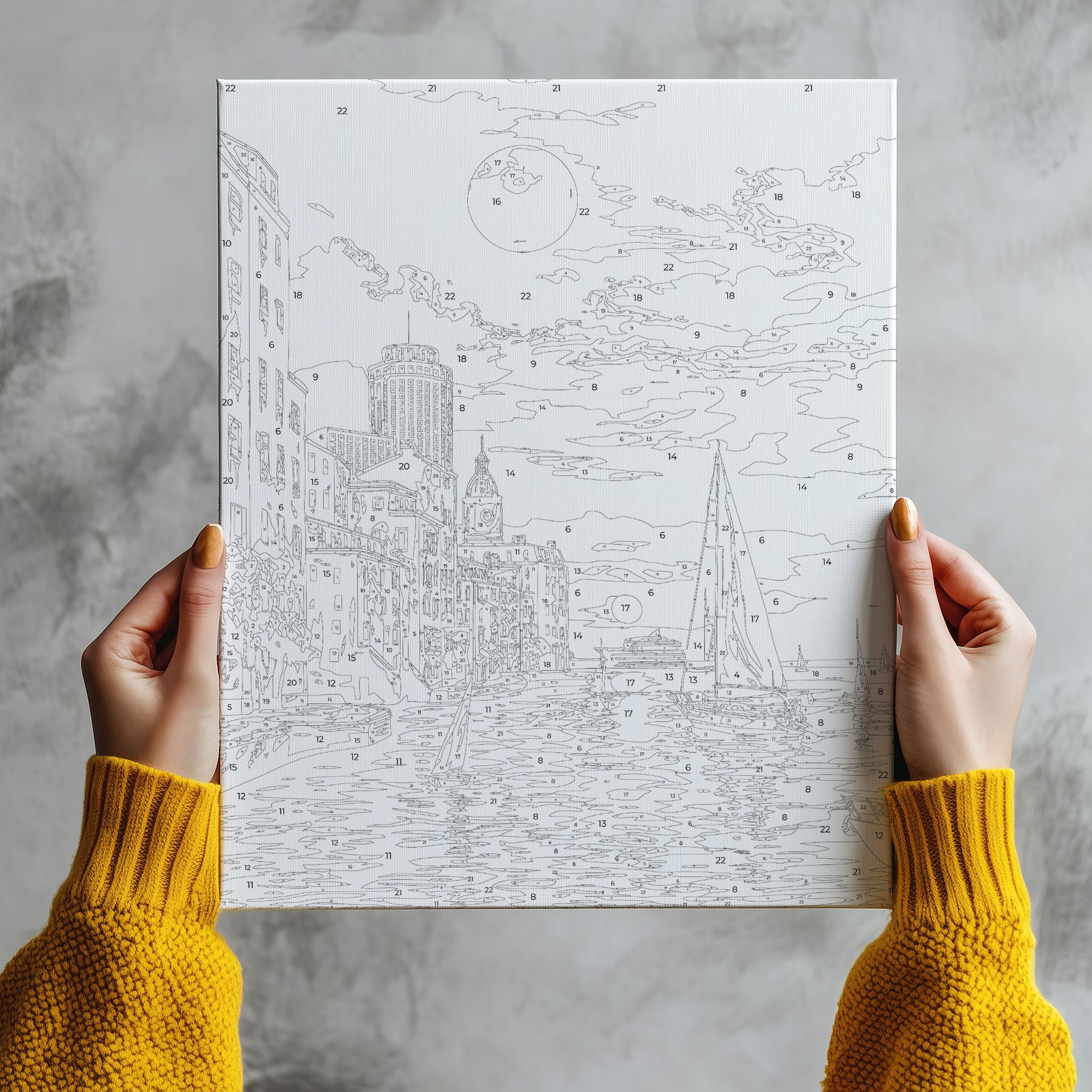 Obraz Po Numerach „Romantický západ slunce nad mořem – jachty a město”