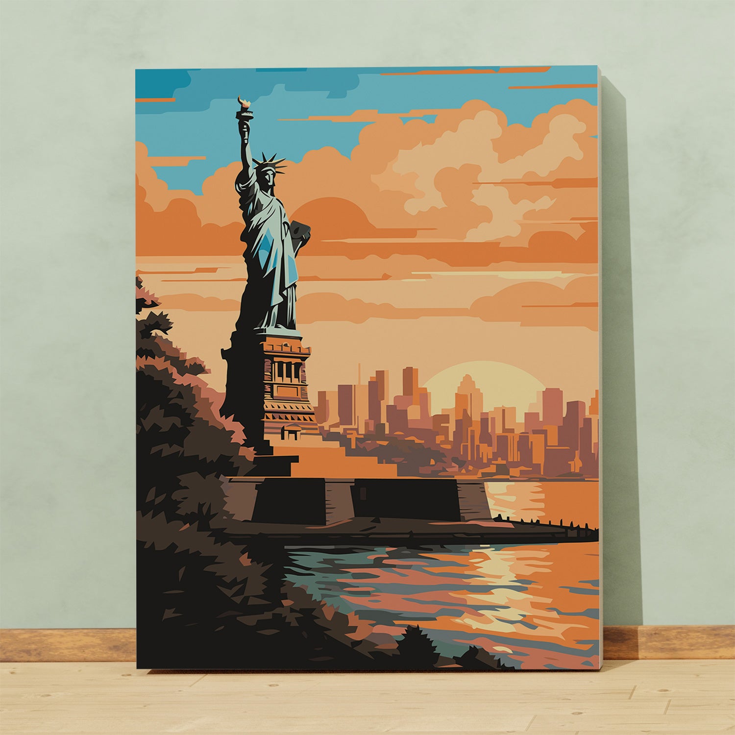 Obraz Po Numerach „Socha svobody a panorama New Yorku při západu slunce”