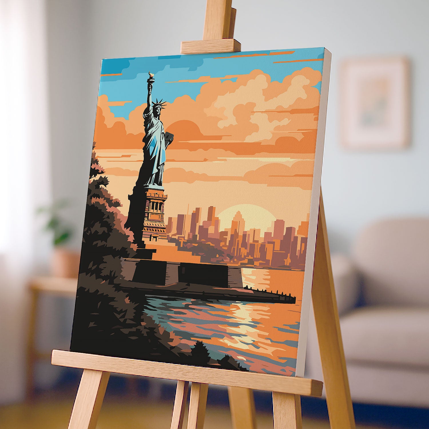 Obraz Po Numerach „Socha svobody a panorama New Yorku při západu slunce”
