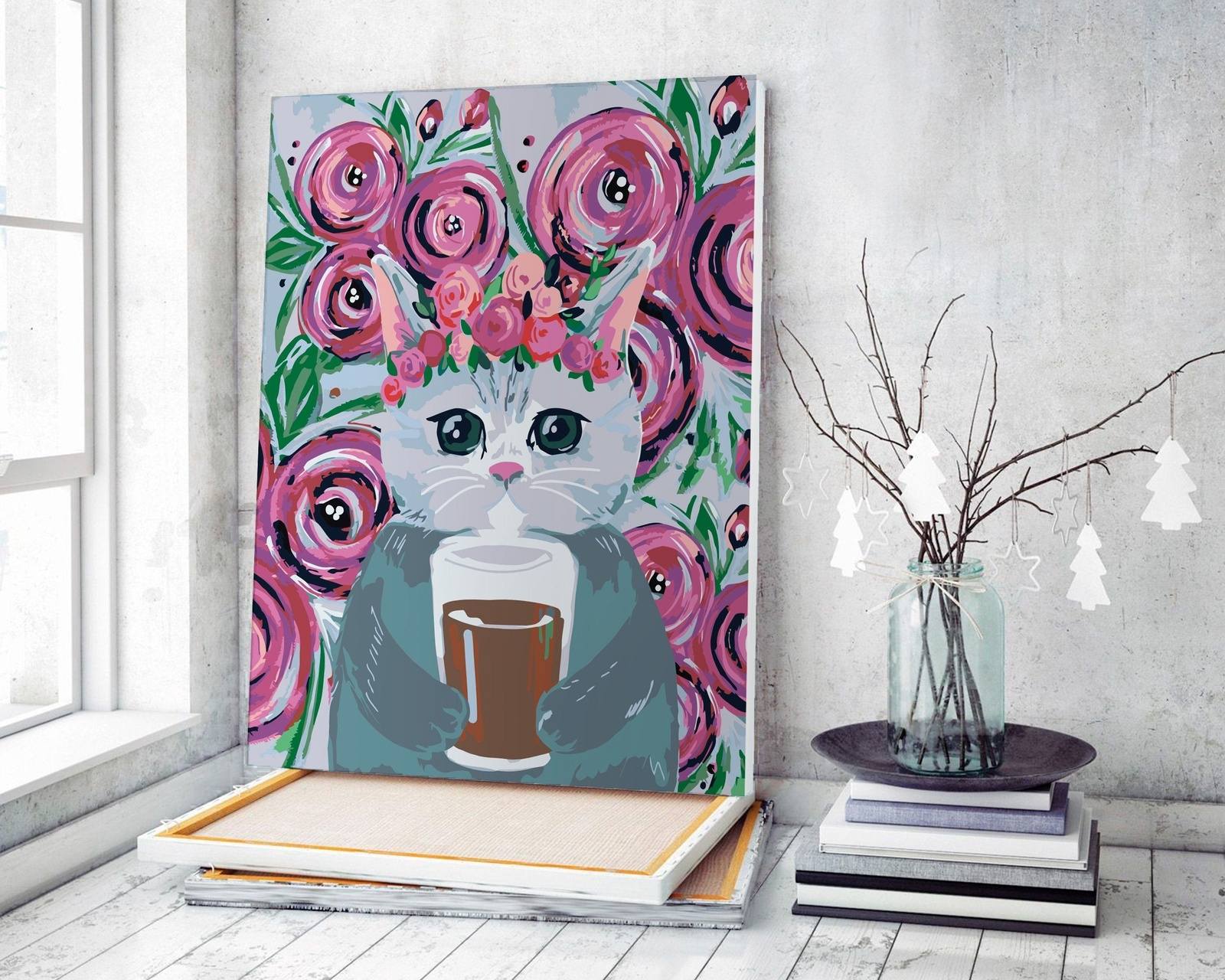 Kočka S Kávou A Růžovými Růžemi